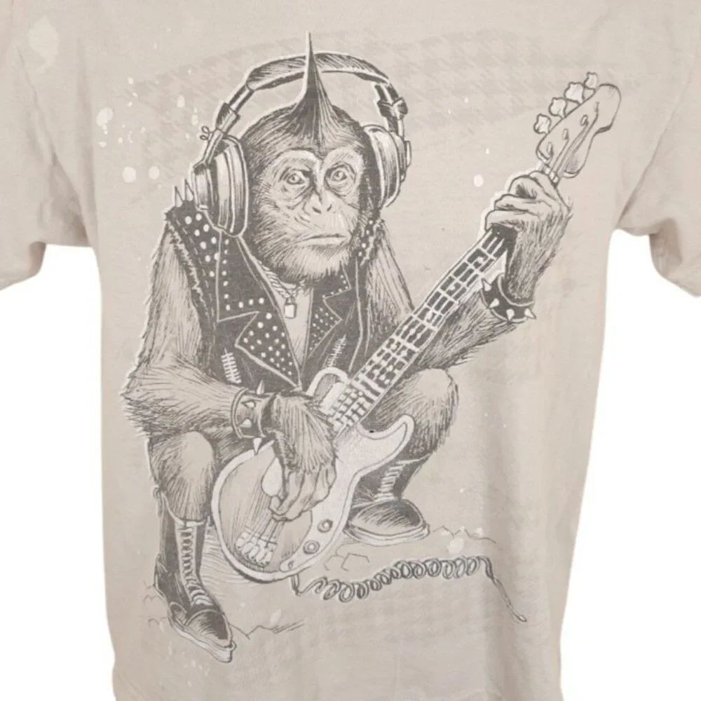 Punk Rock Monkey T Shirt Mens Size Small Gray Bass Player Cygnus Ape